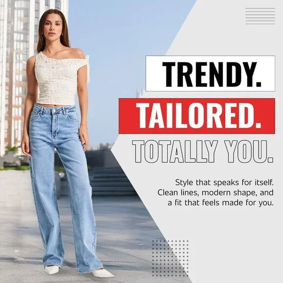 High Waisted Wide Leg Jeans Womens Cotton Elastane Trendy Comfort Streetwear